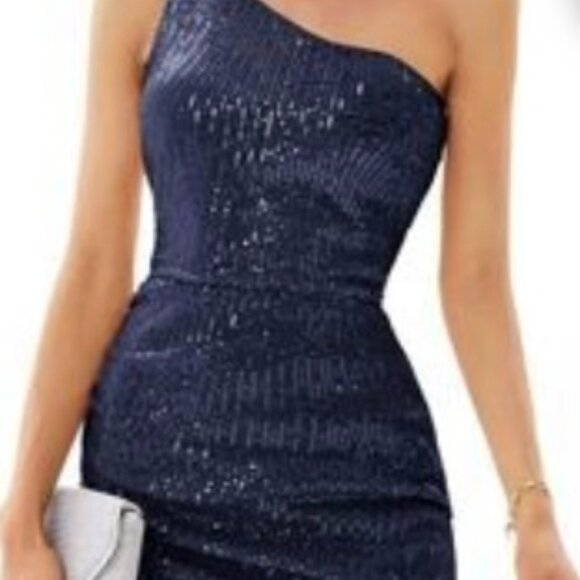 Grace Karin Navy Blue Sequin Dress. Medium. 1-Shoulder. Knee length. Ruched. - Picture 4 of 13